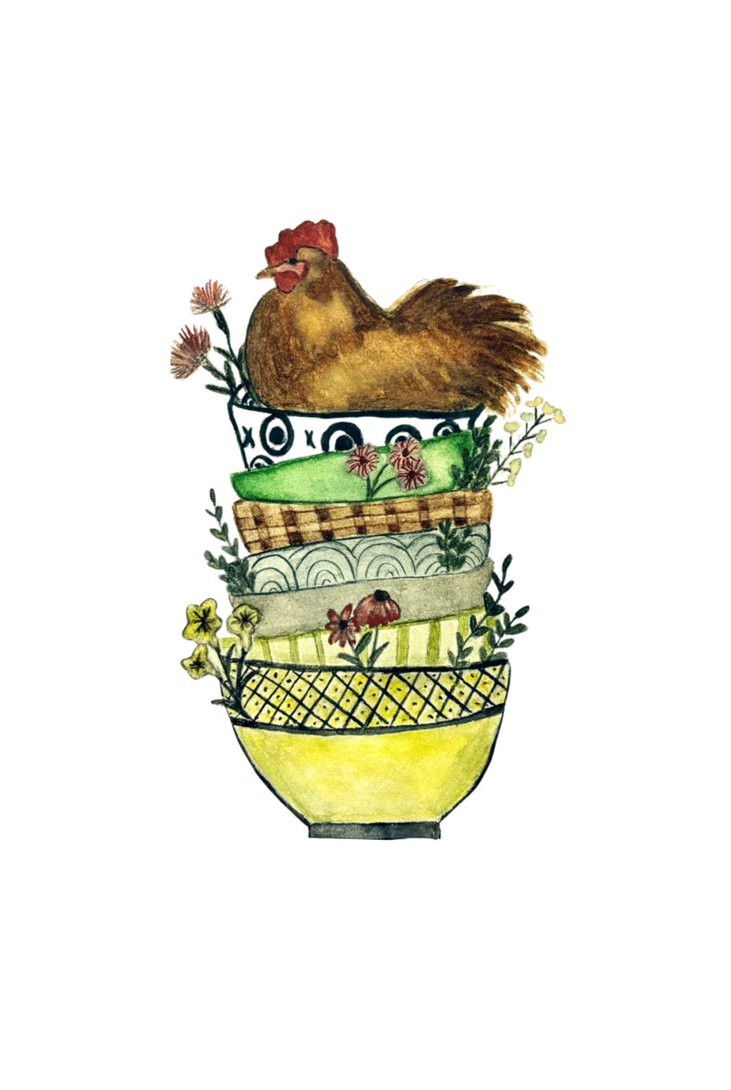 Original Watercolor Chicken in Bowls Painting