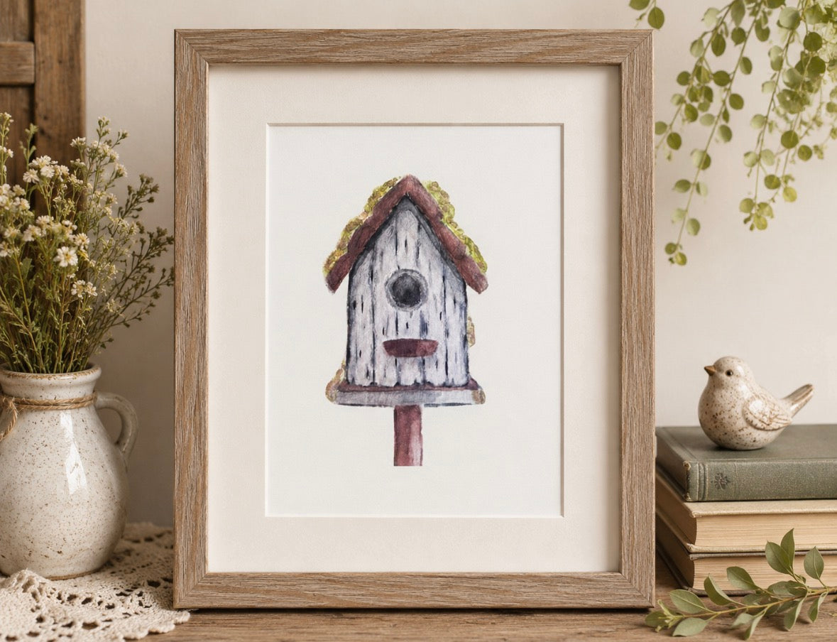Original Watercolor Bird House Painting
