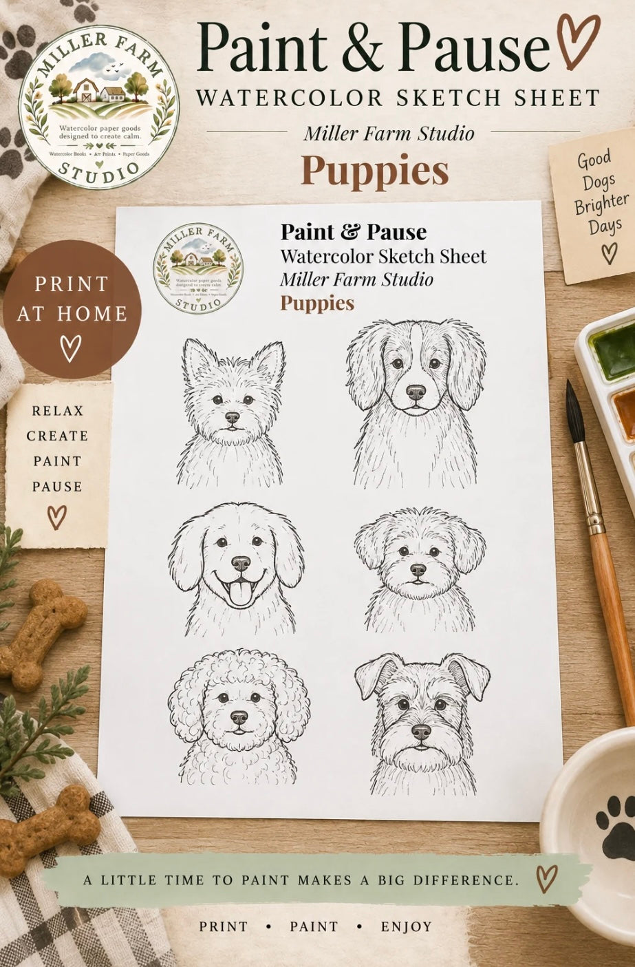 Beginner Watercolor Kit: 5 Painting Themes with Ready-to-Paint Sketches (Digital Download)