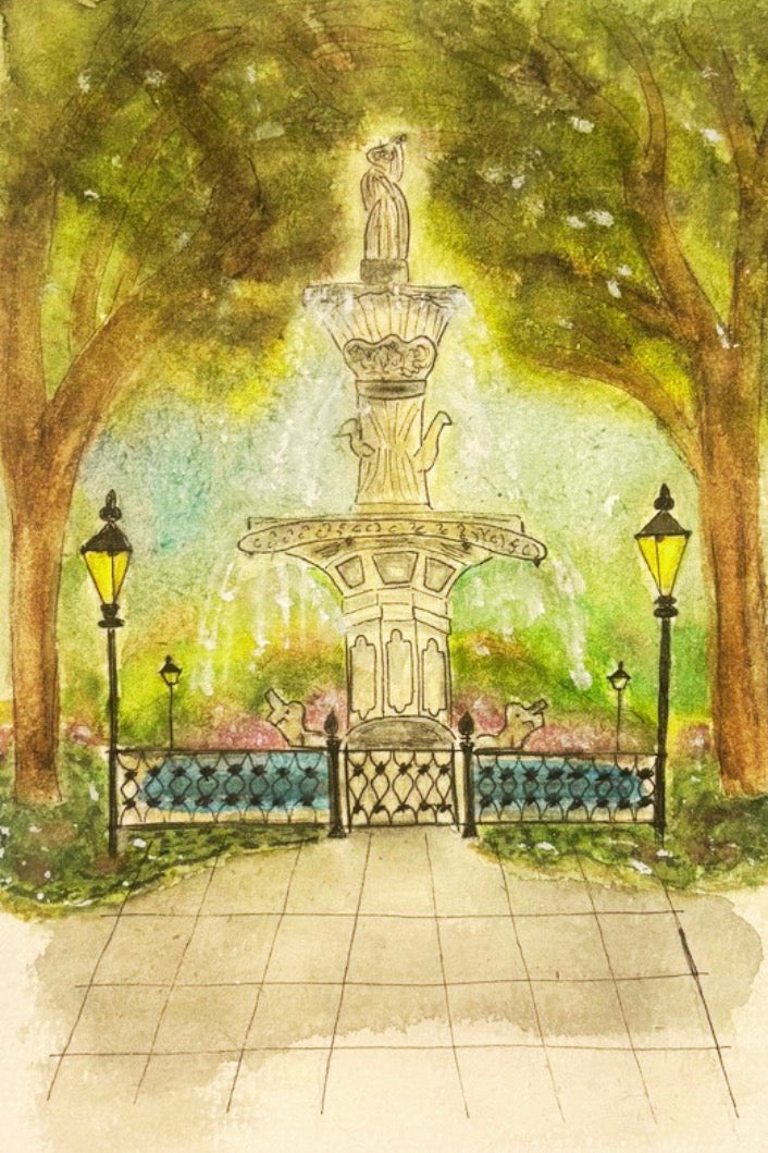 Original Watercolor The Pineapple Fountain - Charleston, SC - Painting