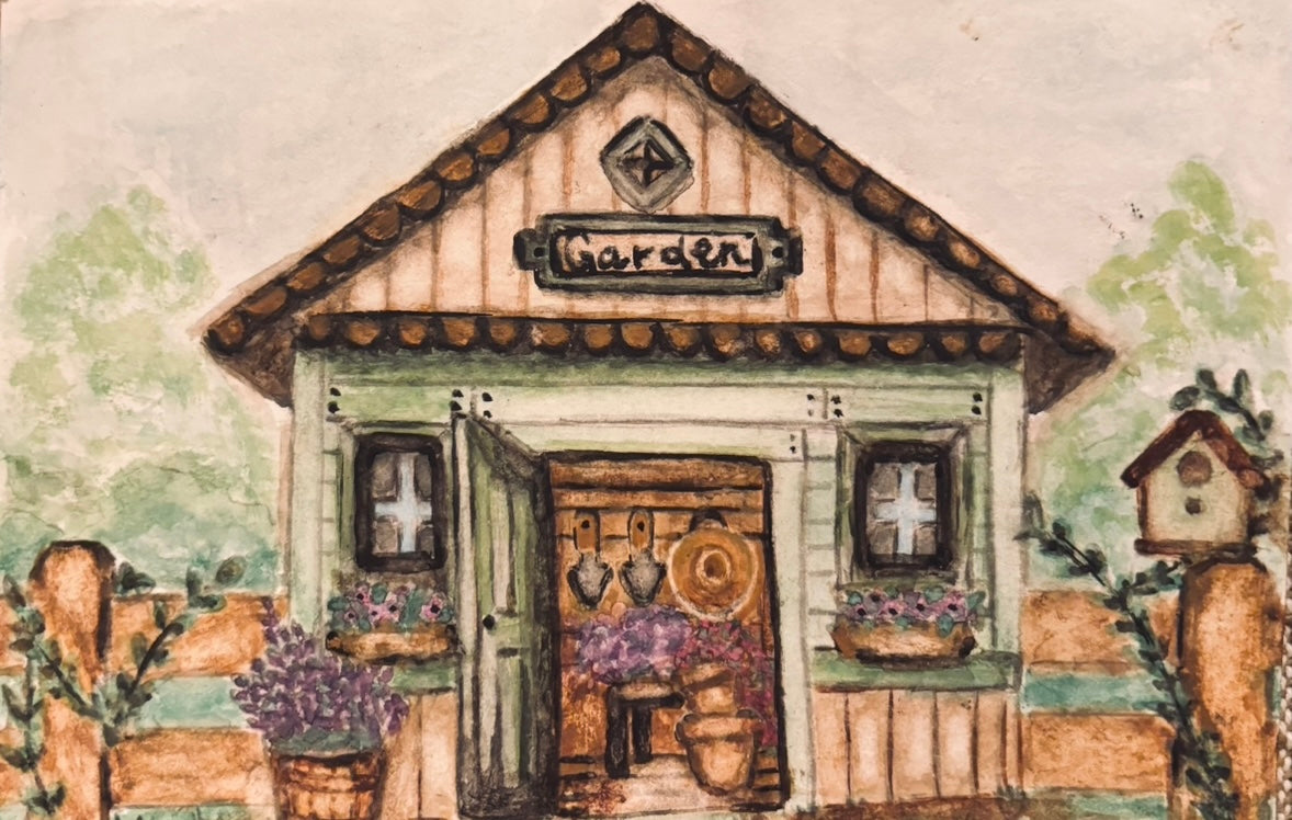 Original Watercolor Green Garden Shed Painting