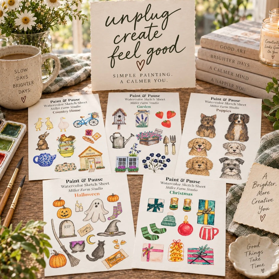 Beginner Watercolor Kit: 5 Painting Themes with Ready-to-Paint Sketches (Digital Download)