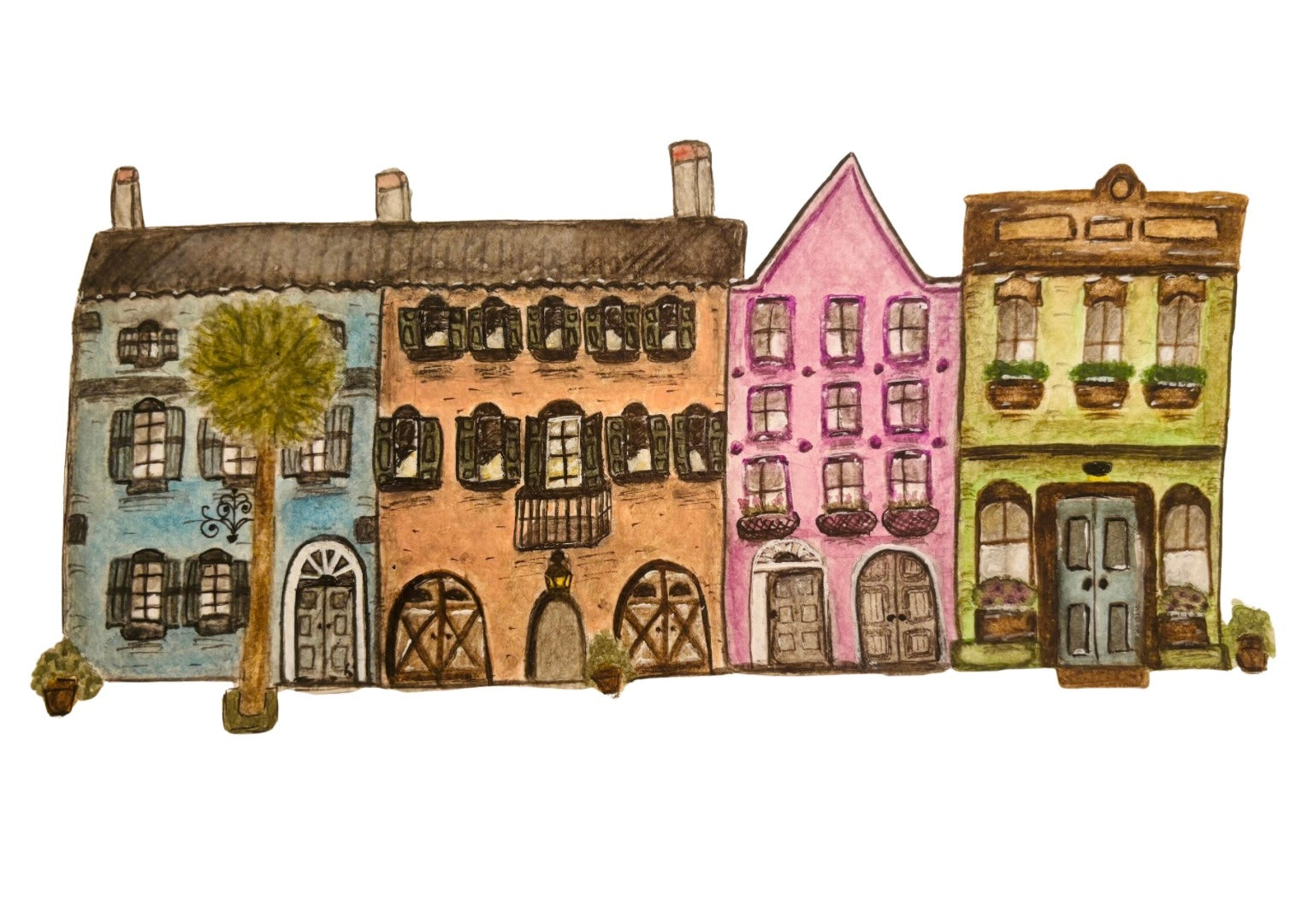 Original Watercolor Rainbow Row Painting