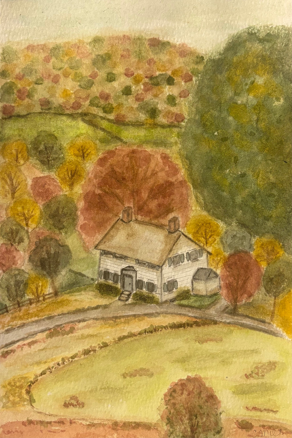 Original Watercolor Art Print - Cozy Country Roads 4 by 6, 5 by 7