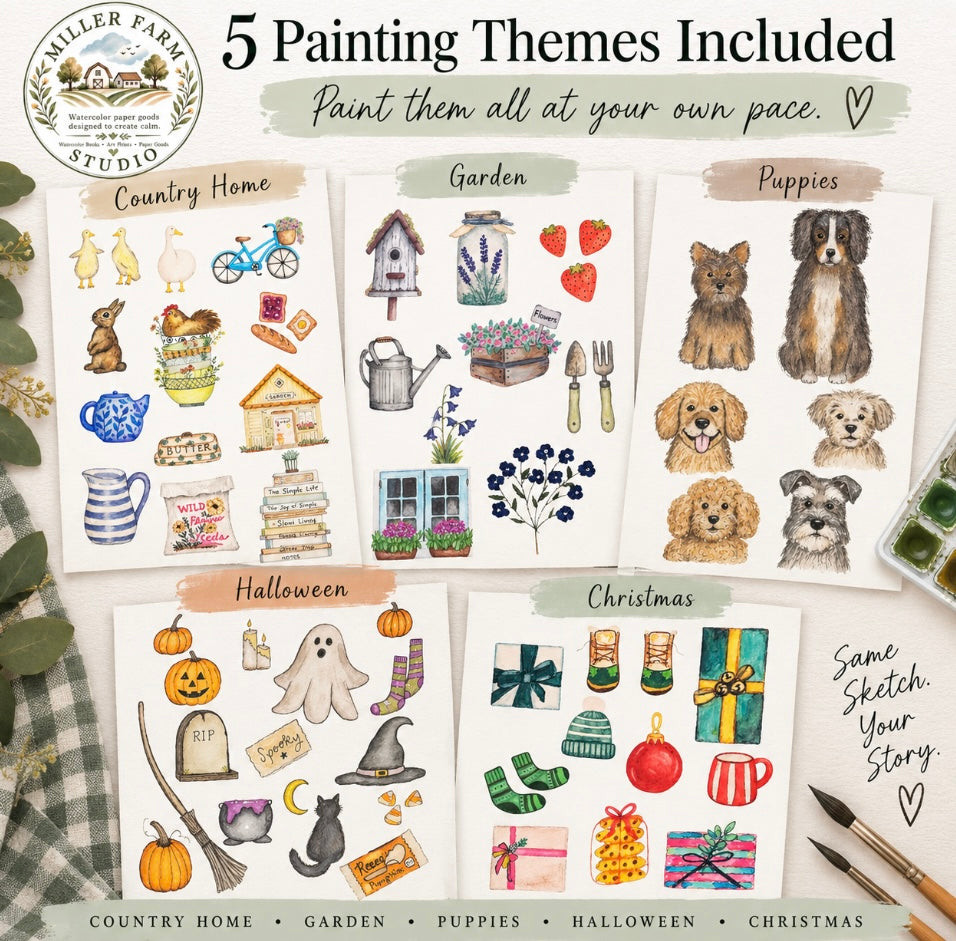 Beginner Watercolor Kit: 5 Painting Themes with Ready-to-Paint Sketches (Digital Download)