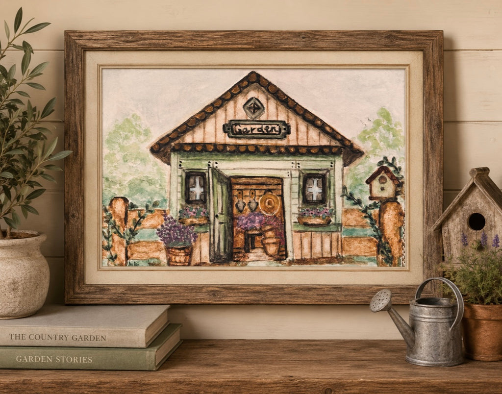 Original Watercolor Green Garden Shed Painting