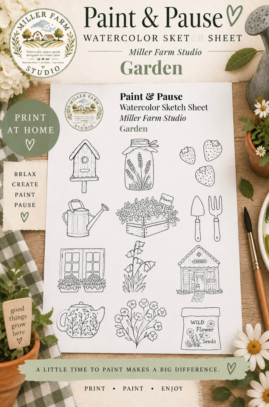 Beginner Watercolor Kit: 5 Painting Themes with Ready-to-Paint Sketches (Digital Download)