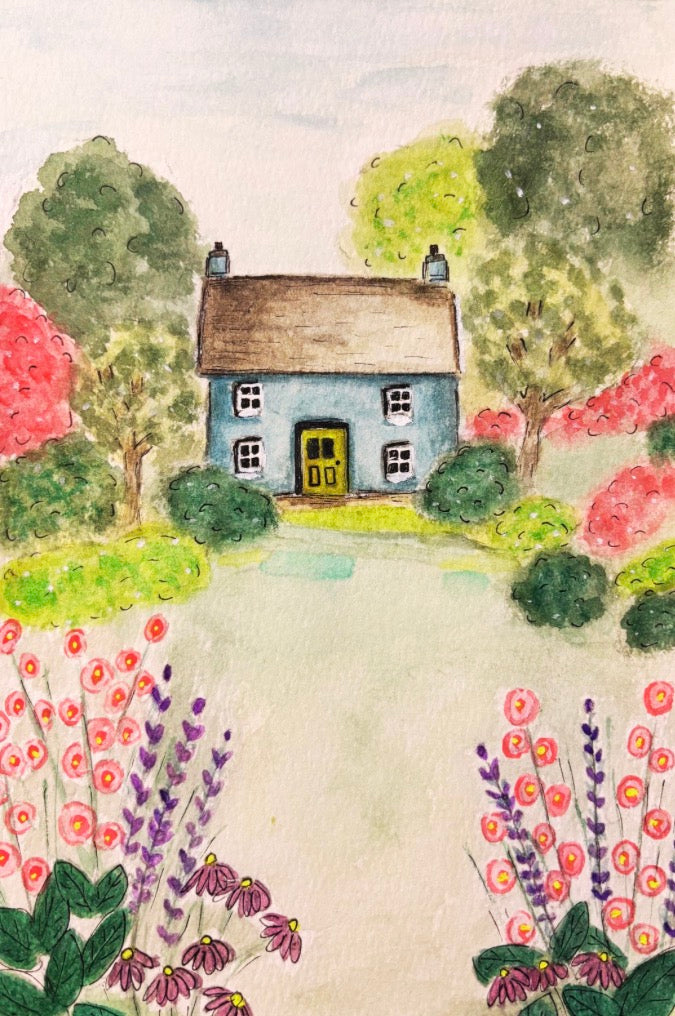 Original Watercolor The Gold Door  Cottage Painting