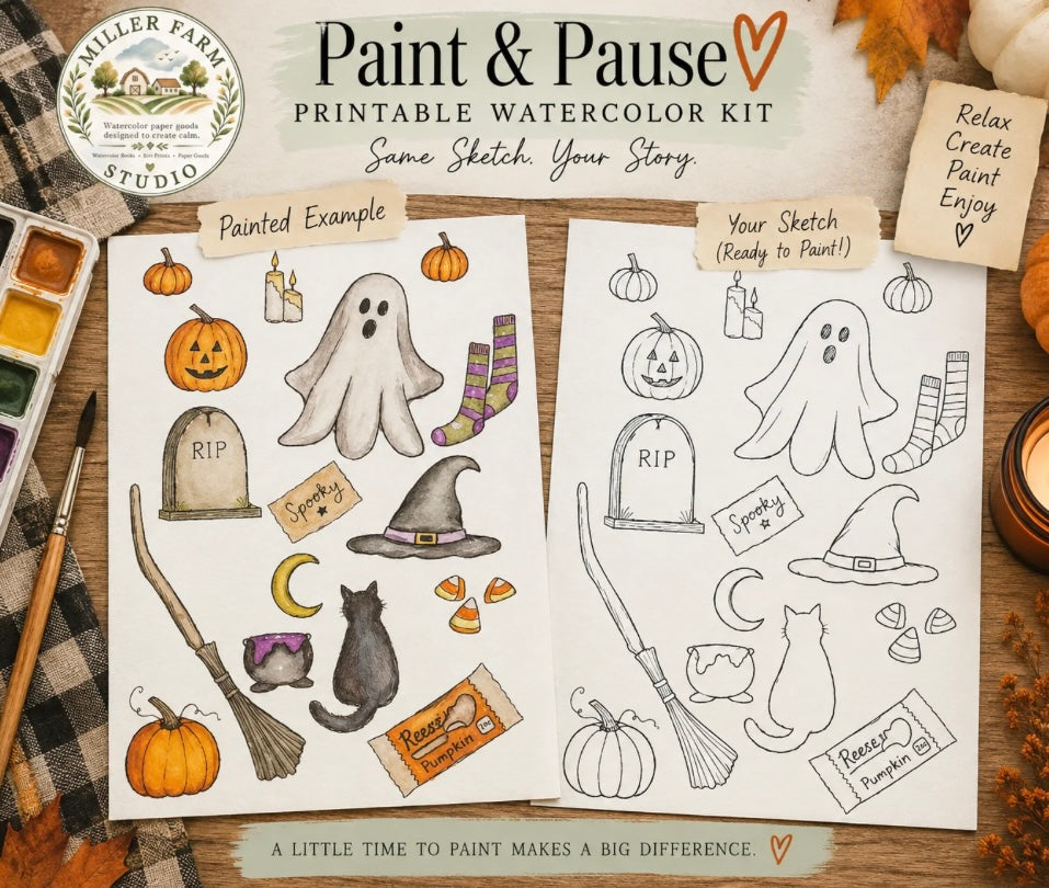 Beginner Watercolor Kit: 5 Painting Themes with Ready-to-Paint Sketches (Digital Download)