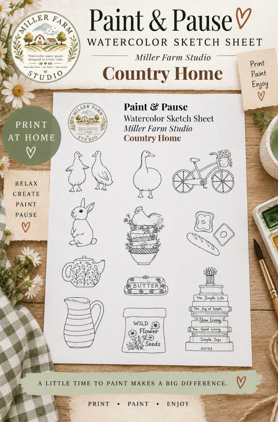 Beginner Watercolor Kit: 5 Painting Themes with Ready-to-Paint Sketches (Digital Download)