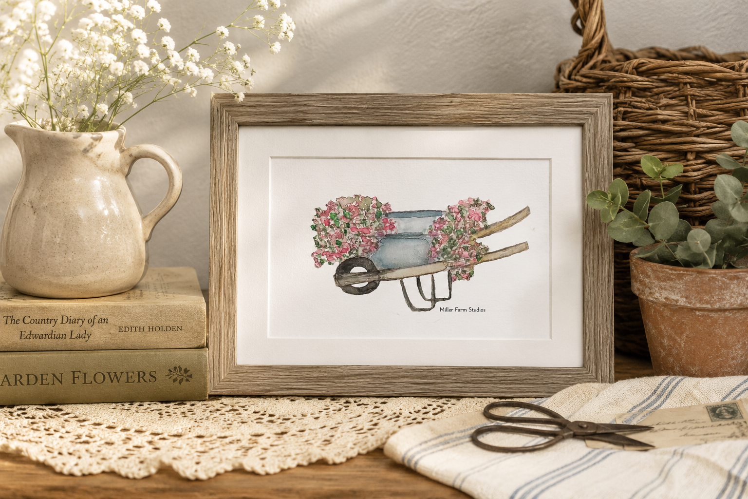 Blue Wheel Barrel with flowers Watercolor Painting