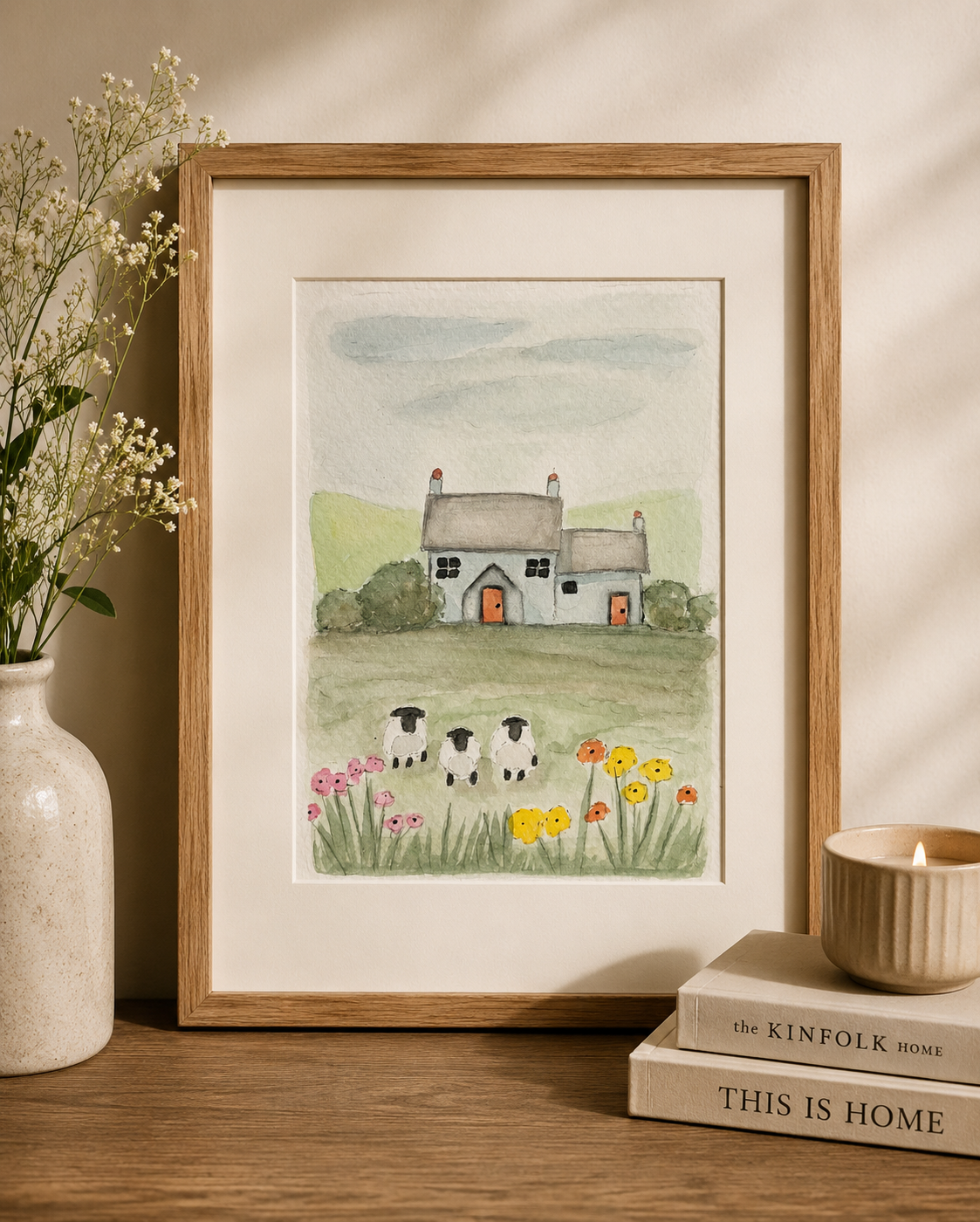 Original Watercolor Blue Cottage with Sheep Painting