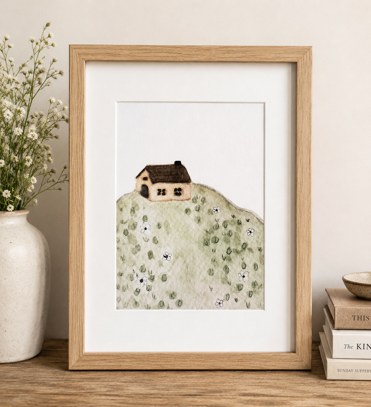 Original Watercolor Cottage on a Hill Painting