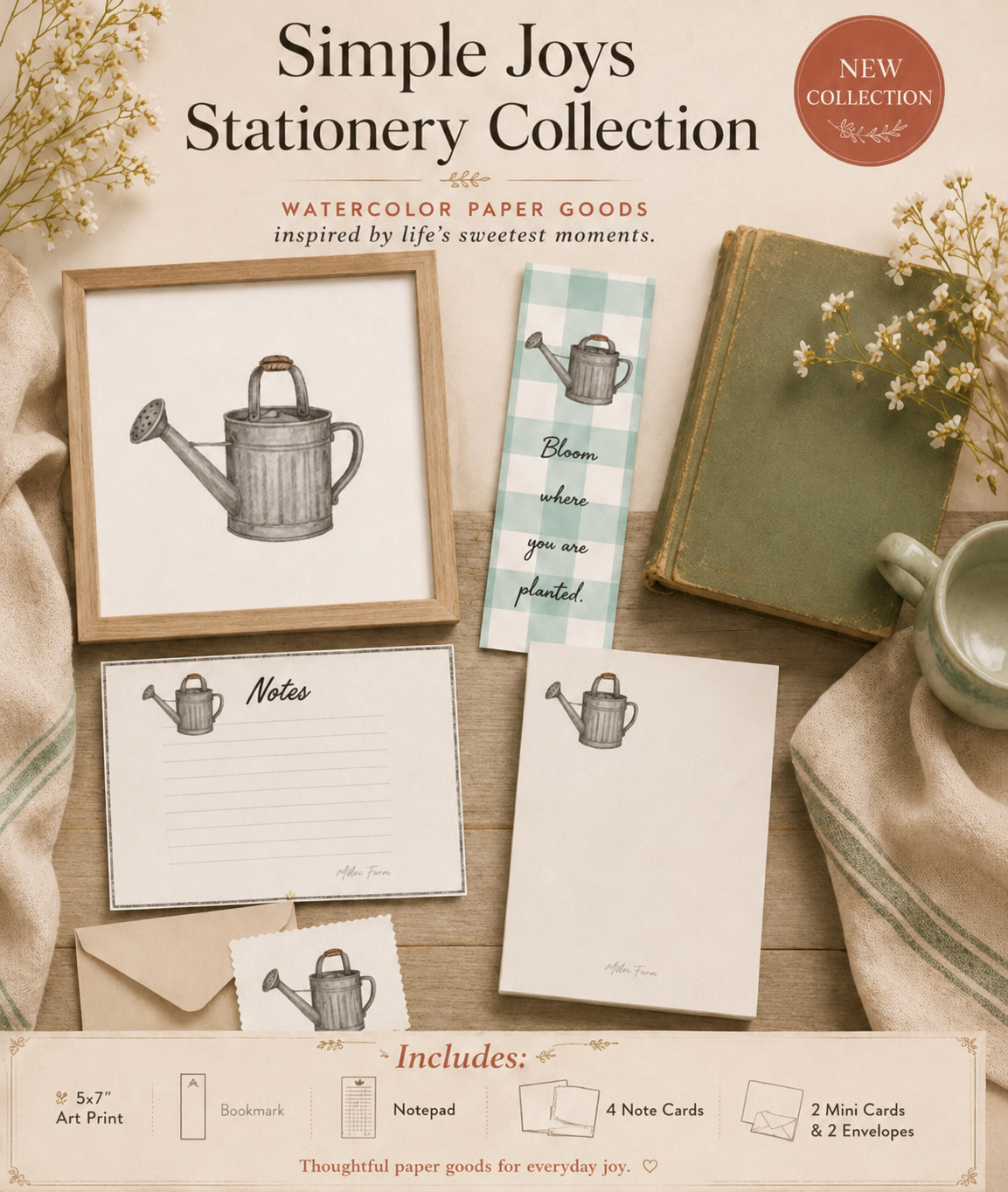 Simple Joys Watering Can Watercolor Stationery Gift Set
Art Print, Notepad, Bookmark, Note Cards & Mini Cards