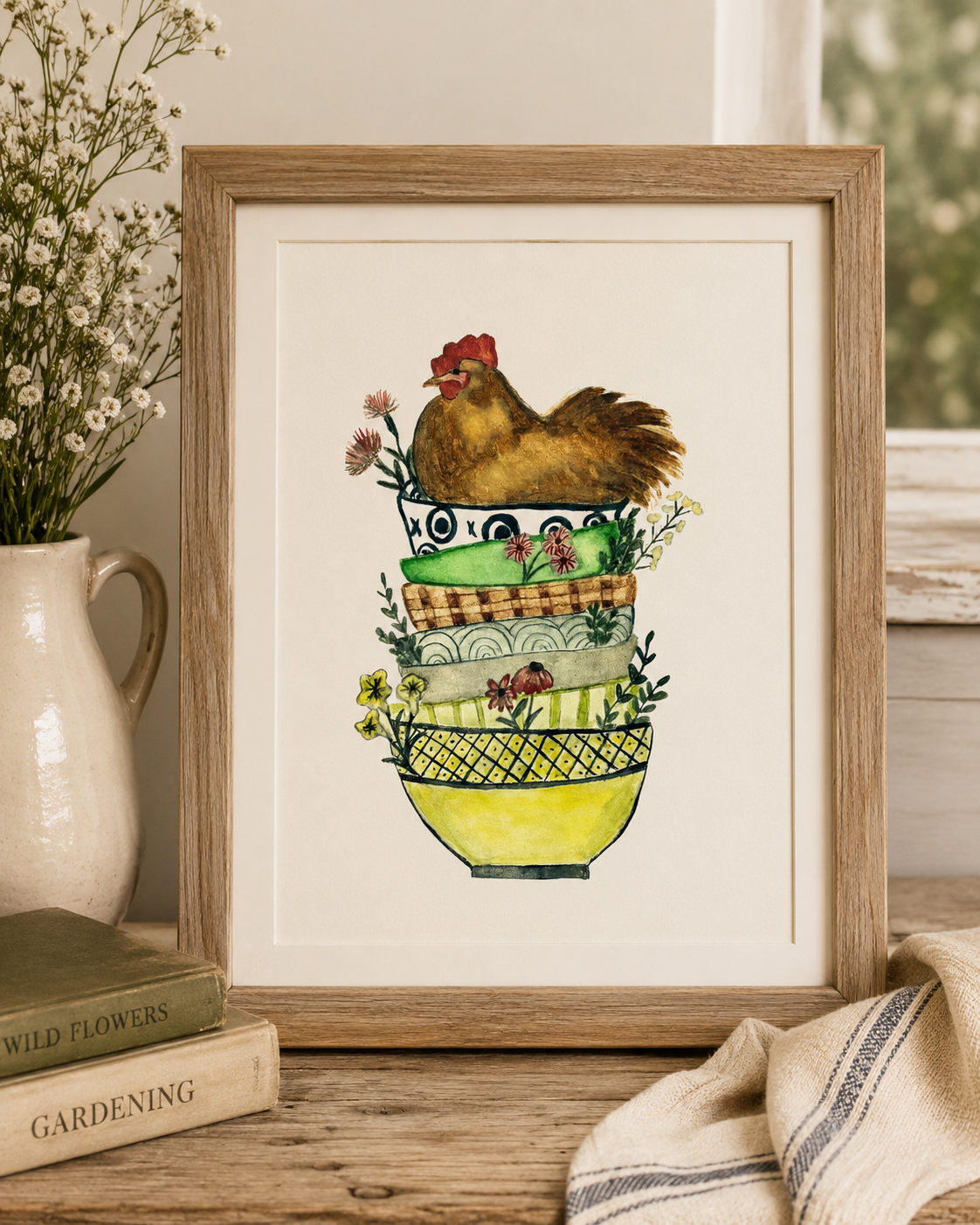 Original Watercolor Chicken in Bowls Painting