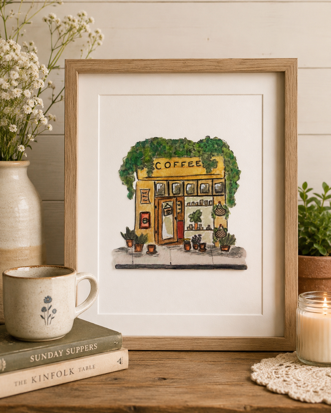 Original Watercolor Coffee Shop Painting