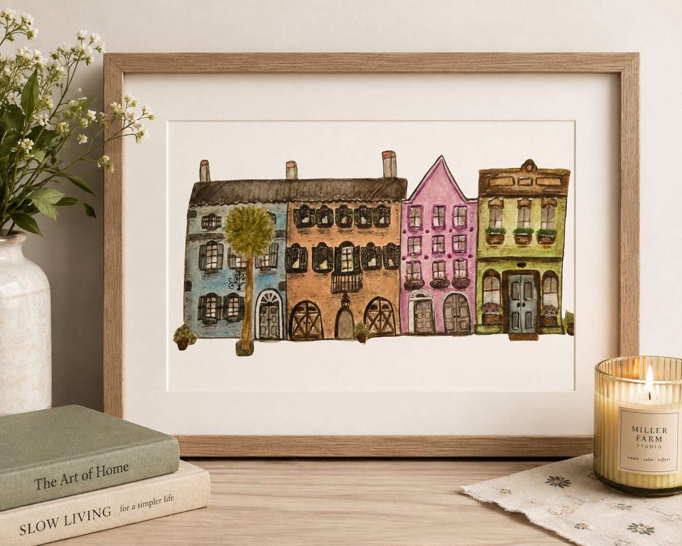 Original Watercolor Rainbow Row Painting