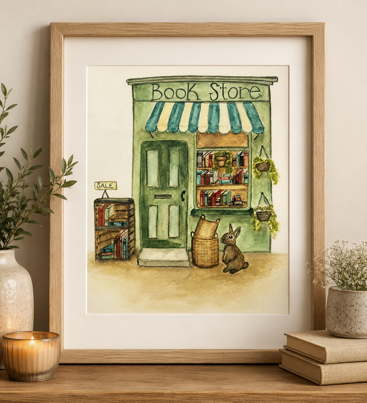 Original Watercolor Cozy Bookstore Painting