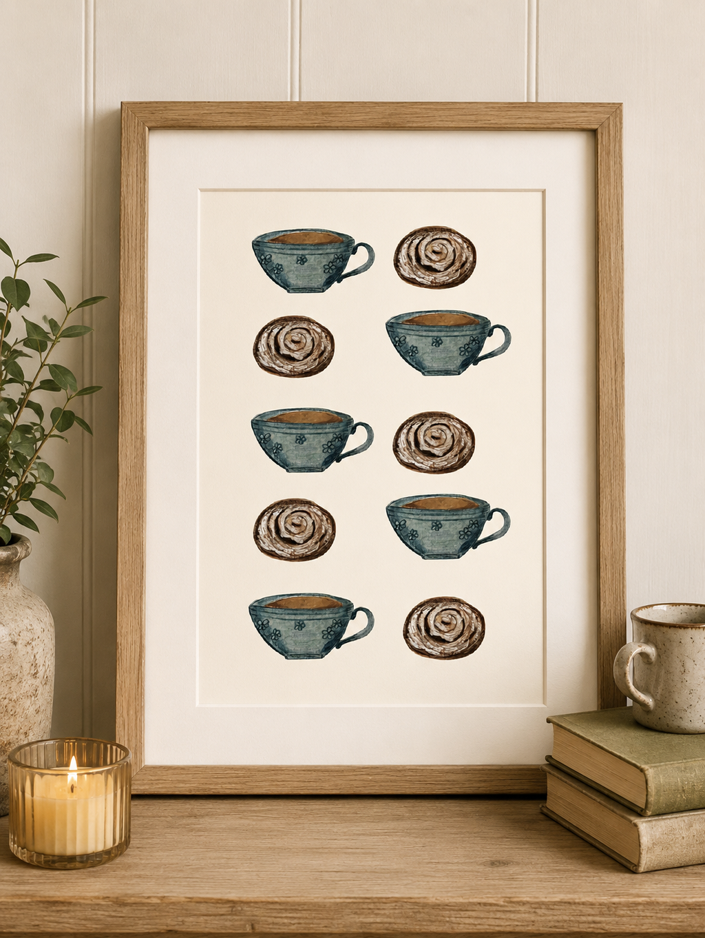 Original Watercolor Coffee and Cinnamon Roll Design Painting