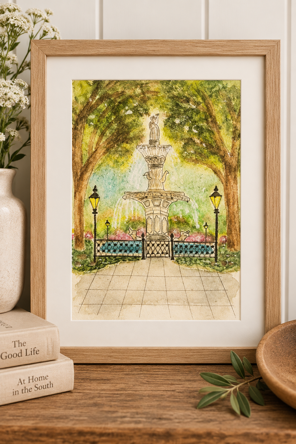 Original Watercolor The Pineapple Fountain - Charleston, SC - Painting