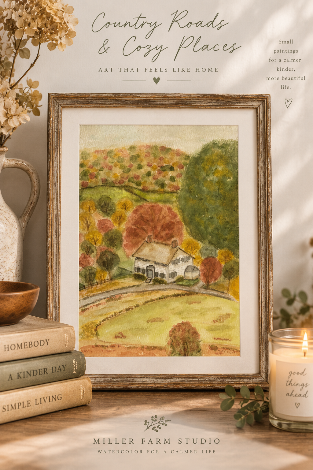 Original Watercolor Art Print - Cozy Country Roads 4 by 6, 5 by 7